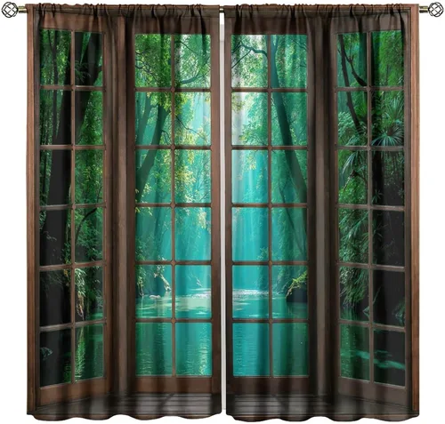 Vista 17 de Cortinas con Vista Natural, Estampado de Patrón de Río y Bosque Hermoso para Ventana, Cortinas Oscuras Aisladas para Dormitorio o Sala de 2 Paneles