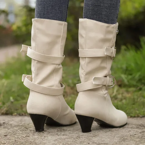 Vista 8 de SuanlaTDS Tall Wide Calf Boots for Women Heel Mid Round Boots Heel Cowboy Toe Vintage Velvet Shoes Buckle Women's Plus Women's Boots (Beige, 8)