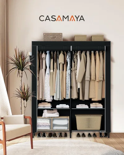 Vista 2 de CASAMAYA Armario portátil, armario de gran capacidad de 54.3 pulgadas con cubierta, organizador de almacenamiento de ropa con estantes y 2 varillas