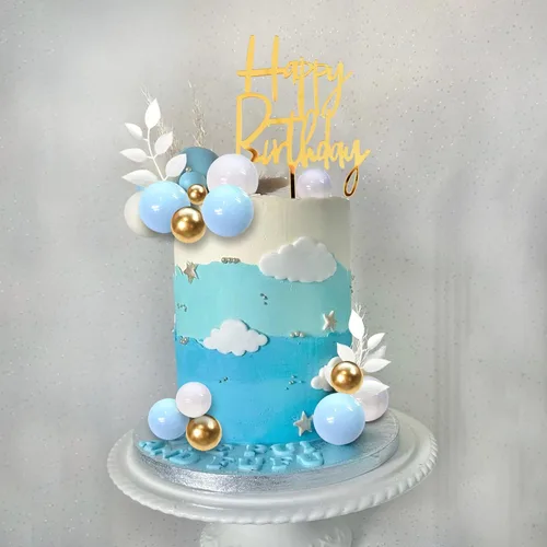 Vista 5 de Decoración de bolas azules para tarta, decoración bohemia de hierba para tarta, bolas de perlas azules, blancas y doradas, decoración de pastel