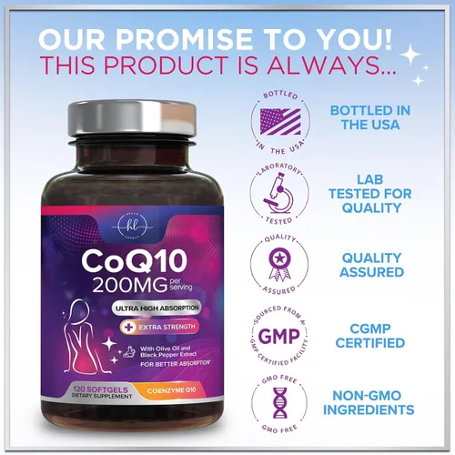 Vista 4 de Coenzima Q10 200 mg por porción Suplemento – Ultra alta absorción, antioxidante para la salud del corazón y apoyo a la producción de energía – CoQ10