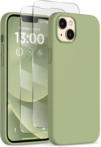 Vista 29 de Funda delgada para iPhone 13 de 6.1 pulgadas, silicona líquida a prueba de golpes, con forro de microfibra suave antiarañazos, 2 protectores