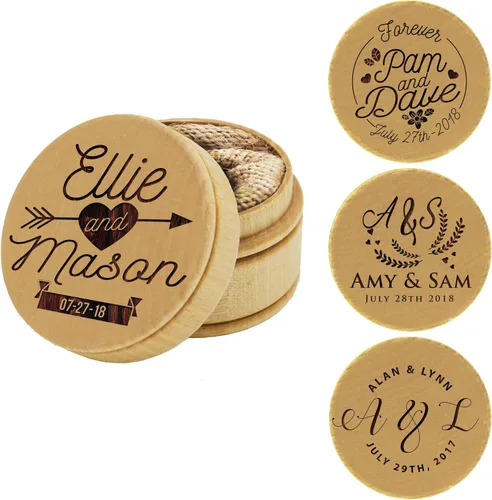 Vista 2 de Caja de anillos grabada personalizada, caja de boda con soporte de anillos de madera redonda rústica personalizada