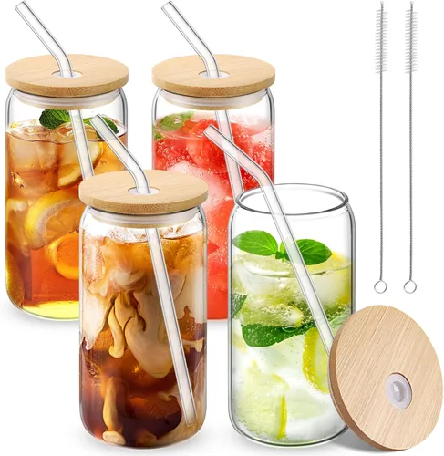 Vista 8 de CWHHRN Vasos de vidrio con tapas y pajitas, vasos de 16 onzas, tazas de café helado, vaso de vidrio con tapa, ideal para soda, té Boba Cocktai