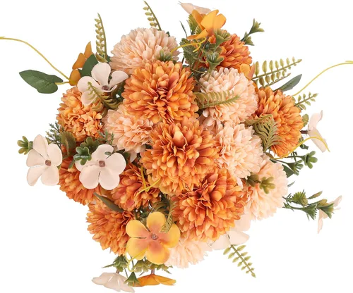 Vista 16 de Jim's Cabin Flores artificiales, 12 piezas de seda artificial, bola de crisantemo, hortensias, ramo de boda para decoración del hogar y cocina Negro