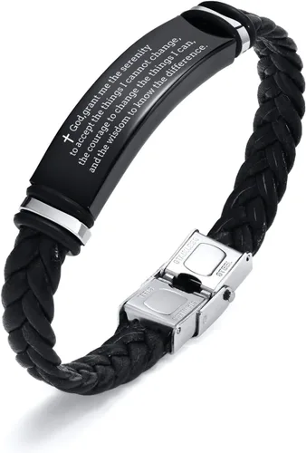 Vista 10 de Pulsera de cuero para hombre, regalo de sobriedad para hombre: cita inspiradora/versículo bíblico grabado, pulsera trenzada negra para hombre