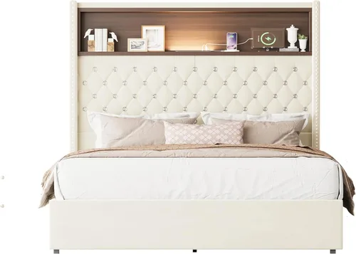 Vista 6 de VilroCaz Cama de plataforma suave de terciopelo de tamaño matrimonial de 52 pulgadas de alto y decoración de remaches, cama con plataforma