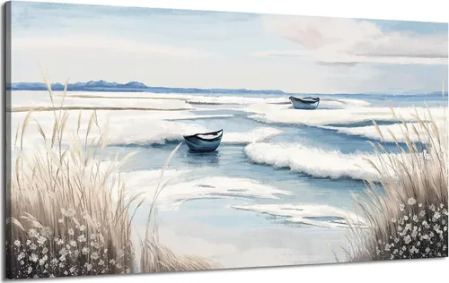Vista 23 de Arte de pared para baño, decoración costera, barco náutico en la playa, lienzo con imagen de gaviota del océano, paisaje marino, arte de granja