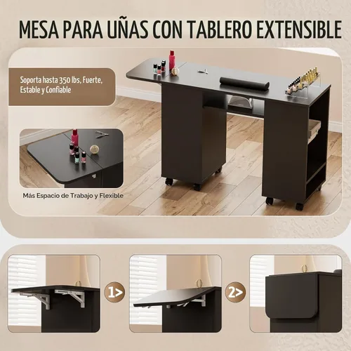 Vista 7 de Paddie Mesa de manicura con mesa extensible, mesa de escritorio de uñas para tecnología de uñas con soporte para bolsa de basura y cajón vertical
