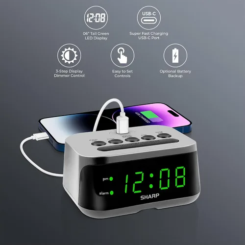 Vista 2 de Sharp Reloj despertador digital con puerto de carga USB-C súper rápido y pantalla LED verde