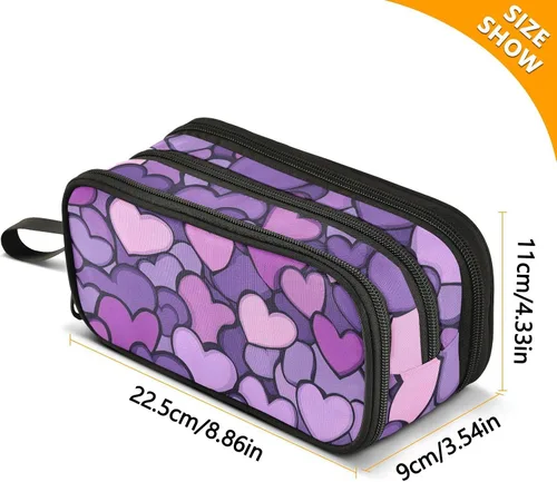 Vista 3 de Bolsas de lápiz grandes de nylon en forma de corazón púrpura de alta capacidad Estuche de lápices grande con cremallera Organizador de papelería