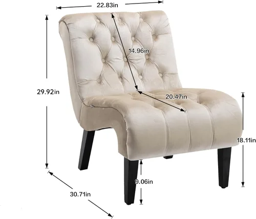 Vista 2 de Modern Velvet Armless Accent Living Room Chair,Upholstered Fabric Button Comfortable Leisure Chair with Wooden Legs for Bedroom,Office (Beige Velvet)