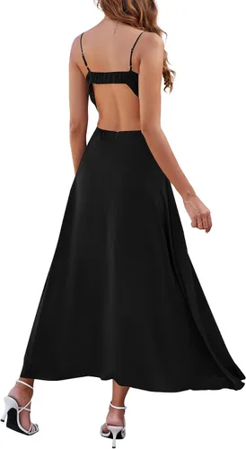 Vista 3 de Umenlele Vestido midi de satén para mujer, sin mangas, con tirantes delgados, sexy, fruncido, para cóctel, fiesta