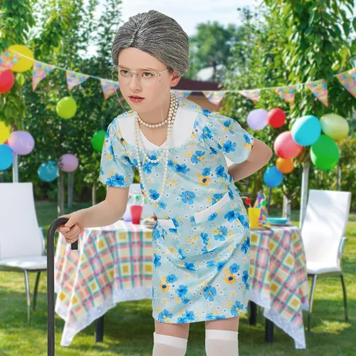 Vista 6 de Old Lady Costume for Kids - 100 Days of School Costume for Girls,Grandma Nightgown Granny Wig,Old Woman Costume Set