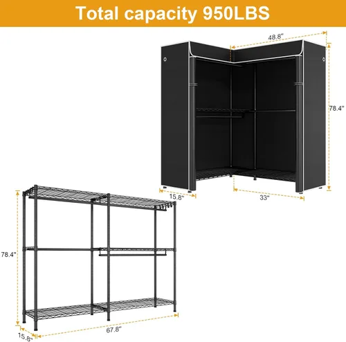 Vista 3 de ULIFHOME E15C Pro - Perchero en forma de L para esquina, perchero independiente para colgar ropa, sistema de armario resistente de 48.8 pulgadas