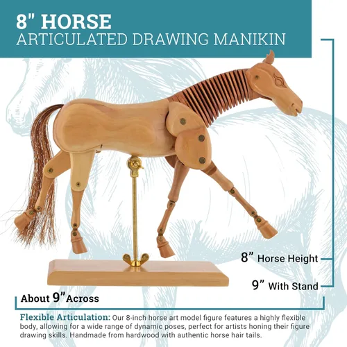 Vista 3 de U.S. Art Supply Maniquí de caballo de madera de 8 pulgadas para dibujar - Maniquí articulado con base y cuerpo flexible para dibujar la figura equina
