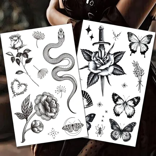Vista 6 de Tazimi 8 hojas de tatuajes temporales grandes en negro para mujeres y niñas, tatuajes falsos realistas de mariposas, serpientes, abejas