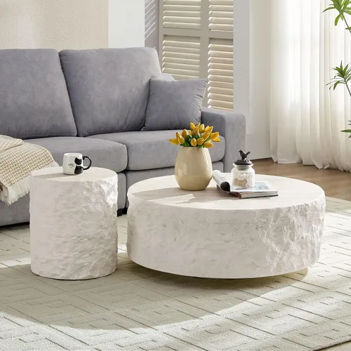 Vista 5 de WILLIAMSPACE Mesa auxiliar redonda de 15.75" con patrón de piedra de cemento para sala de estar, mesa auxiliar moderna circular de fibra de vidrio