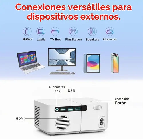 Vista 4 de Mini proyector con WiFi y Bluetooth【Keystone automático y enfoque eléctrico y giratorio】Proyector con soporte integrado Proyector Android adecuado
