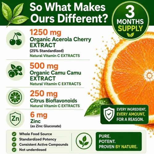 Vista 4 de Vitamina C natural de Acerola Cherry & Camu Camu en polvo, alta absorción con bioflavonoides cítricos, refuerzo del sistema inmunológico y colágeno