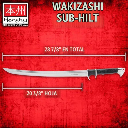 Vista 2 de HONSHU Sub-Hilt Wakizashi - Espada y funda Hoja de acero de alto carbono 1060 Mango TPR y protector de acero al carbono Funda de madera