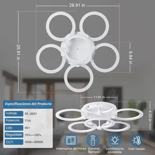 Vista 4 de Lámpara de techo LED, lámpara de techo moderna de 6 anillos, 77 W regulable 3000K a 6500K, luz de techo blanca con control remoto para sala