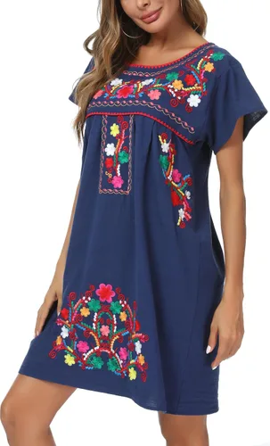 Vista 7 de YZXDORWJ - Vestido mexicano bordado de manga corta para mujer