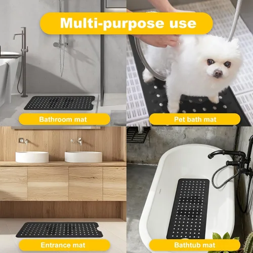 Vista 7 de Tapete de silicona antideslizante para bañera de 36 x 16 pulgadas, con orificios de drenaje y ventosas, tapetes mejorados para bañera y ducha, Negro