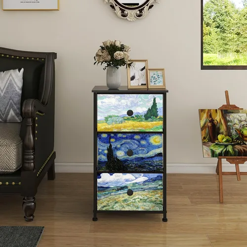 Vista 2 de Cómoda con 3 cajones Van Gogh, cómoda de cajones para dormitorio, mesa de noche estrecha, cómodas pequeñas y cofres de cajones para medio pasillo