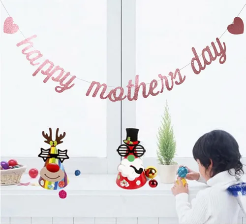Vista 4 de Cartel de papel con purpurina de oro rosa con texto en inglés «Happy Mother's Day», divertido cartel decorativo para fiesta de cumpleaños