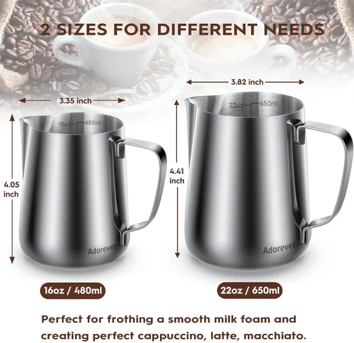 Vista 3 de Adorever Jarra espumadora de leche, taza espumadora de leche de acero inoxidable de 16 onzas y 16.2 fl oz, barra de café, cafetera de capuchino
