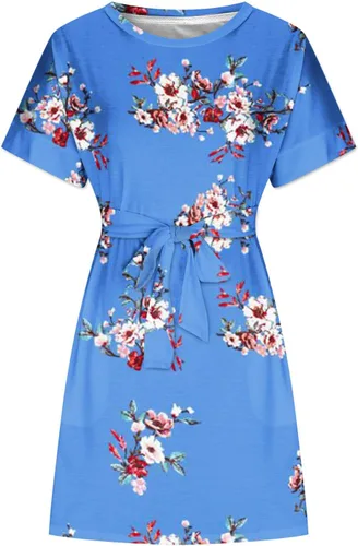 Vista 3 de Vestido Floral midi Mujer Vestido plisado bolsillos Rayas y teñido anudado Vestido de Calle de Manga Corta Cuello