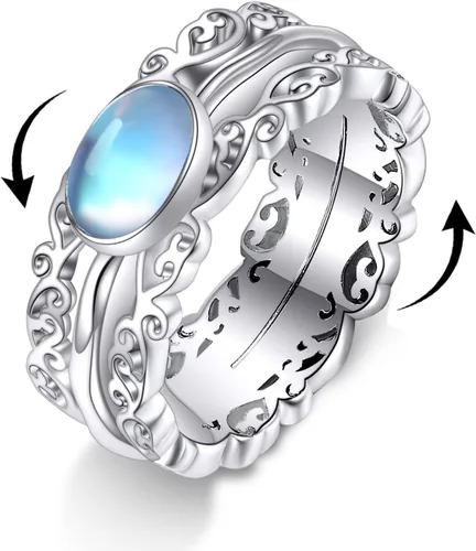 Vista 18 de VONALA Anillos giratorios de plata esterlina 925 con diseño de filigrana y girasol, cruz, piedra lunar, ágata musgo, anillos giratorios