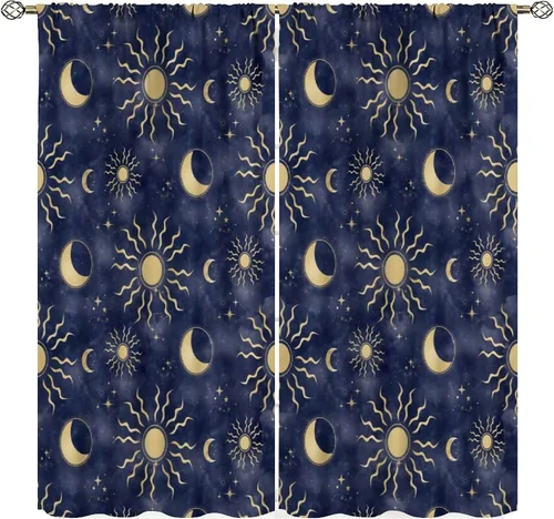 Vista 12 de Cortinas Florales de Luna Flores Silvestres Fase Jardín Iluminado por la Luna Estética Boho Primavera Naturaleza Juego de Tratamiento de Ventana