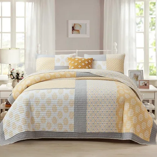 Vista 14 de Y-PLWOMEN - Juego de cama Queen con edredón/cubrecama de algodón 100% ligera, reversible, floral, rústico, para todas las estaciones Azul/Blanco/Gris