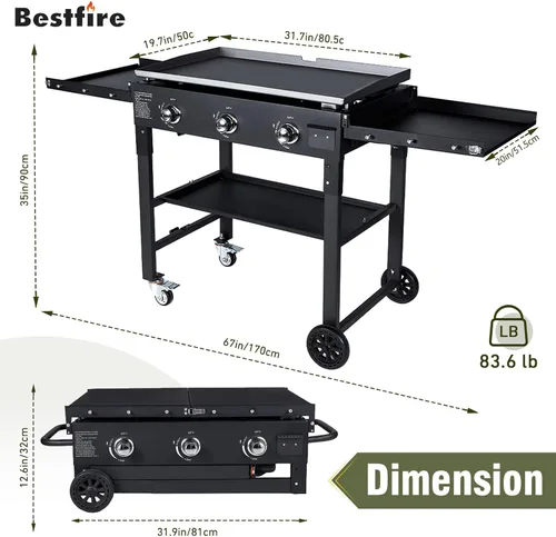 Vista 2 de BESTFIRE Parrilla plana de 3 quemadores de 35 pulgadas, parrilla plana de 45,000 BTU para cocinar al aire libre con dos estantes plegables, parrilla