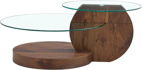 Vista 8 de Mesa de Café Redonda de Vidrio, Modernas Mesas de Café de Vidrio Templado para Sala de Estar, Mesa de Centro Circular de Nuez de 3 Niveles