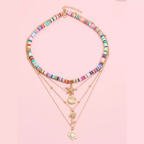 Vista 4 de Collares largos para mujer, collares bohemios en capas, collar de concha marina de vieira dorada (multicolor, talla única)