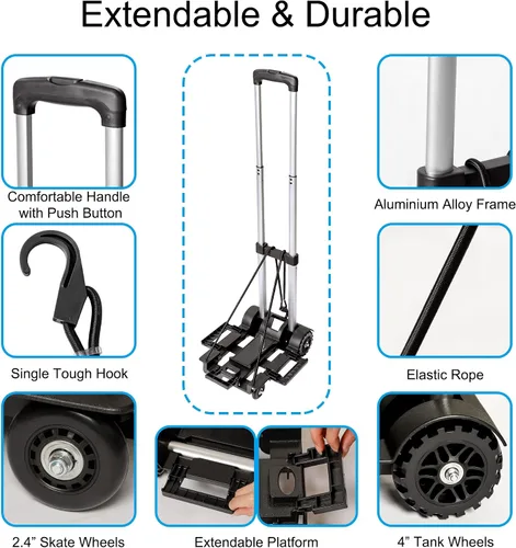 Vista 3 de Carrito de equipaje plegable portátil, carrito de mano plegable, carrito de mano ligero, carrito utilitario compacto con 4 ruedas resistente