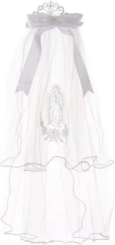 Vista 3 de Virgen María Tiara Bordado Corona Malla Primera Comunión Velo Chica Flor