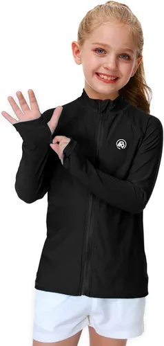 Vista 4 de AOBUTE Camiseta unisex con cremallera para niños, protección UV UPF 50+, con agujero para el pulgar, de 3 a 12 años