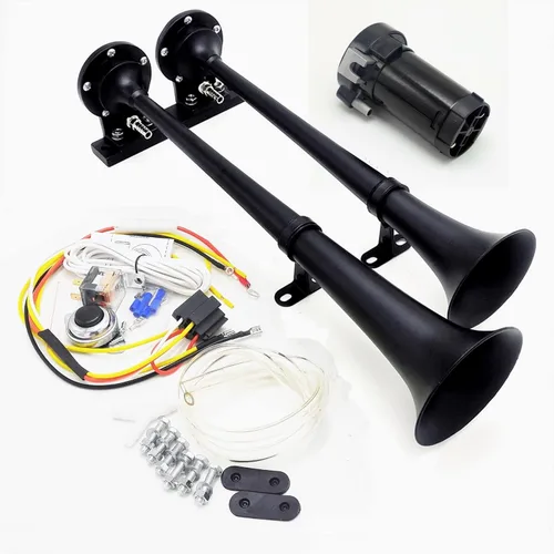 Vista 9 de Bocina de aire para coche, 160db, 24 V, cromado, negro, zinc, doble tubo, trompeta, bocina eléctrica, bocina de alarma, bocina de alarma