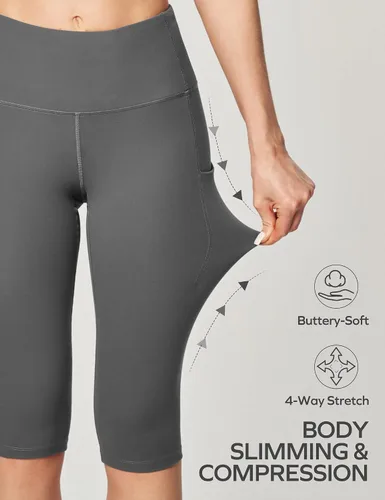 Vista 3 de Ewedoos Leggings hasta la rodilla con bolsillos, pantalones capri para mujer, cintura alta, pantalones de yoga para entrenamiento casual de verano