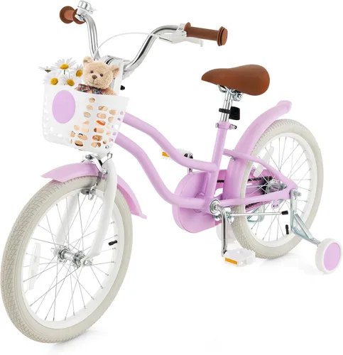 Vista 16 de COSTWAY Bicicleta para niños de 12, 14, 16, 18 pulgadas, bicicleta para niños con ruedas de entrenamiento, frenos de mano y posavasos, sillín