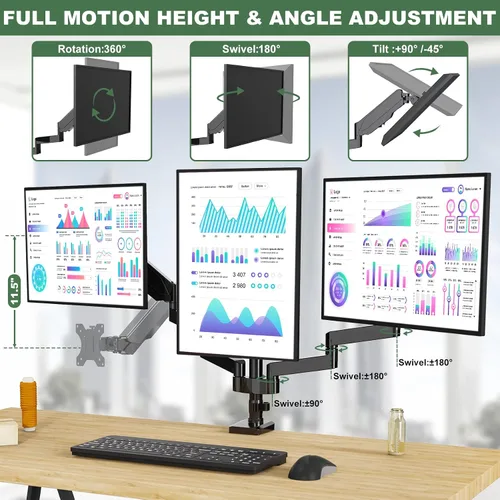 Vista 5 de UPGRAVITY Soporte de escritorio para monitor triple para tres pantallas de computadora planas/curvas de hasta 27 pulgadas, brazos de triple monitor