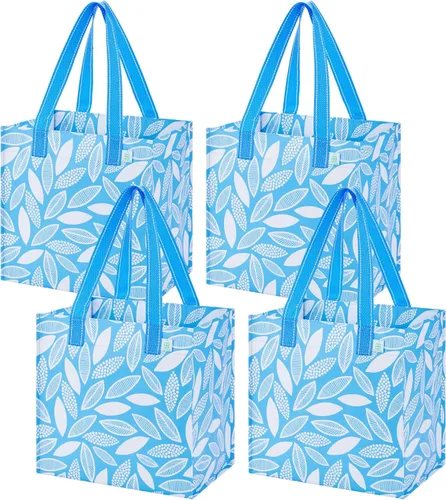 Vista 8 de VENO Paquete de 4 bolsas de comestibles reutilizables de Navidad, bolsas de compras resistentes con asas, para carrito de compras con parte inferior