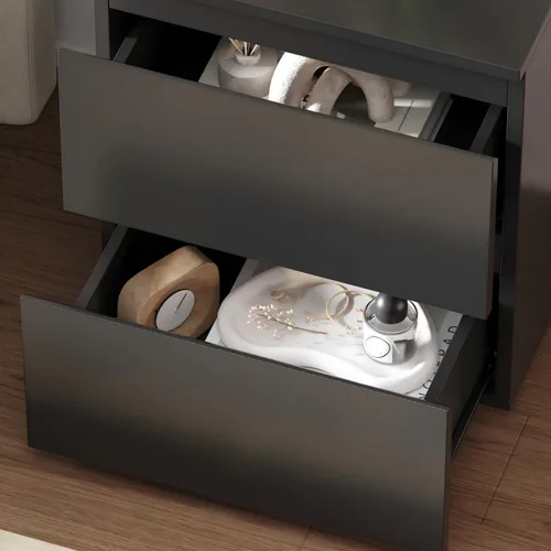 Vista 6 de AGOTENI Juego de 2 mesitas de noche, mesa auxiliar de madera con 2 cajones de almacenamiento para dormitorio, color negro