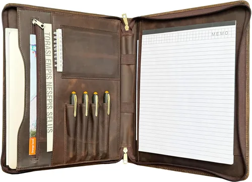 Vista 11 de Cartera de piel auténtica, con cremallera para hombres, carpeta de cuero para bloc de notas tamaño carta, cartera para mujeres, organizador de Cera
