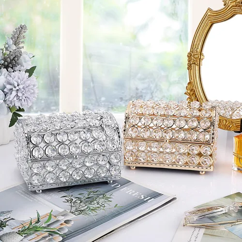 Vista 8 de ELLDOO Joyero de cristal, caja organizadora de aretes, anillos, decoración del hogar, caja decorativa con tapa, regalo plateado para San Valentín