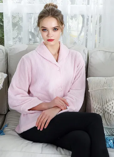 Vista 9 de Chaqueta de cama con cuello de chal de forro polar coral con aguja azul para mujer